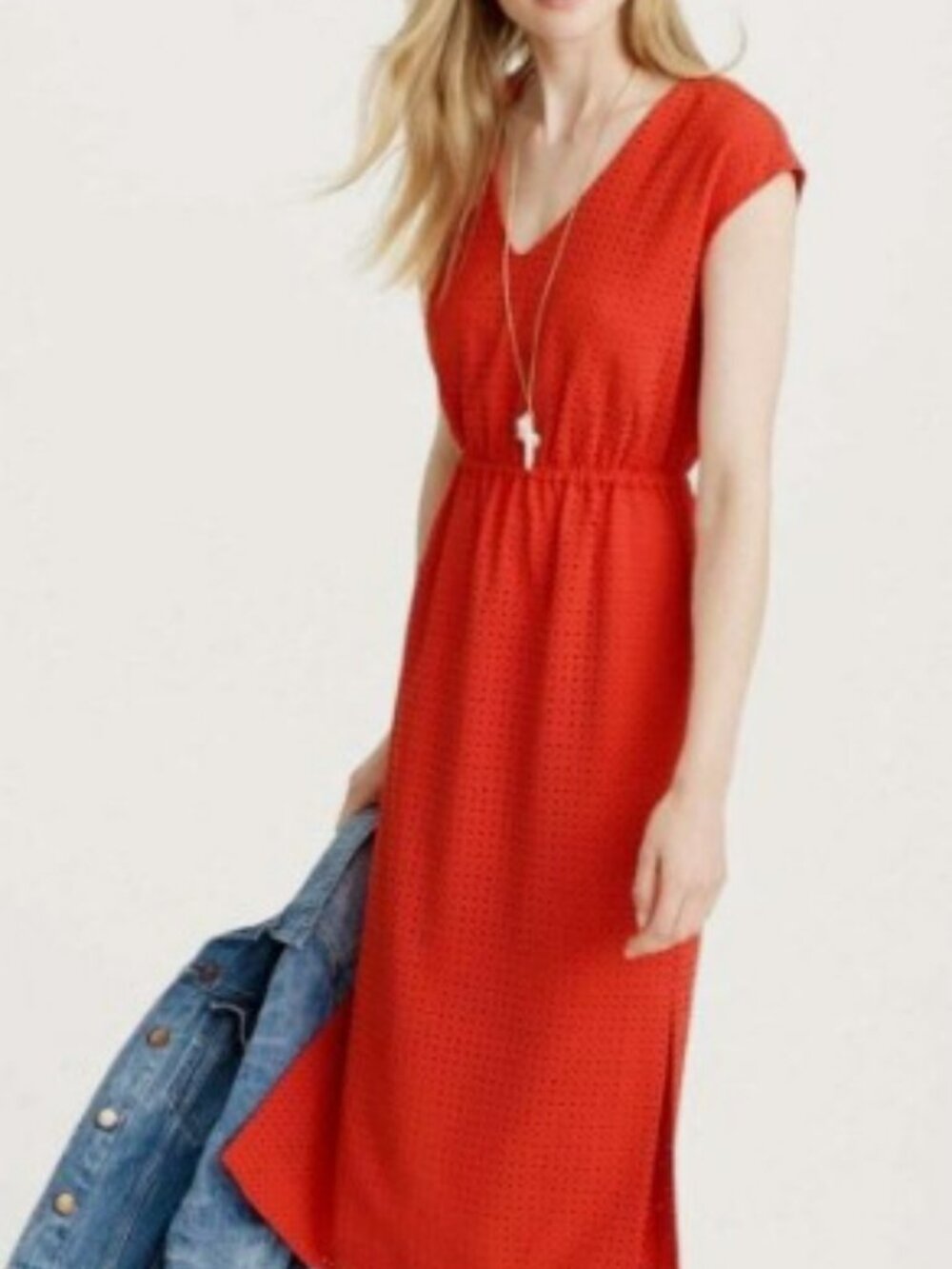 J Crew - Poppy A-Line Laser Cut Midi Dress -V Neck Side Slits- Pockets!